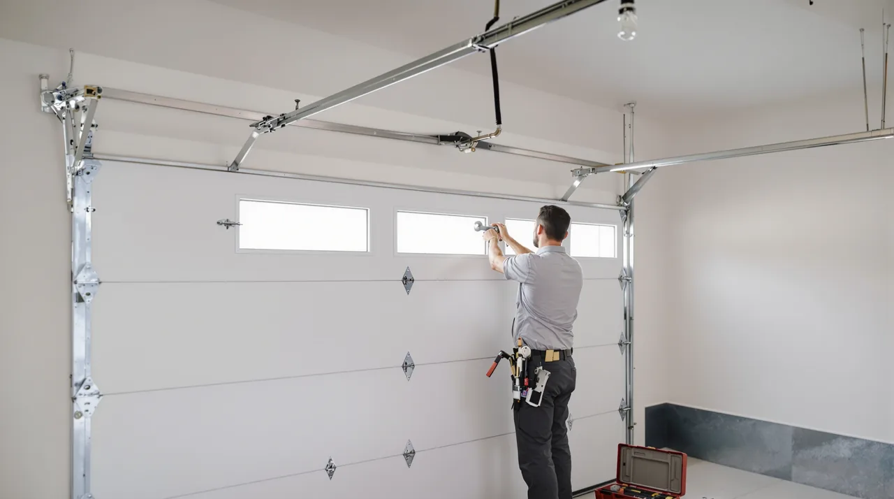A garage door technician working on the track of a home's garage door from inside the garage