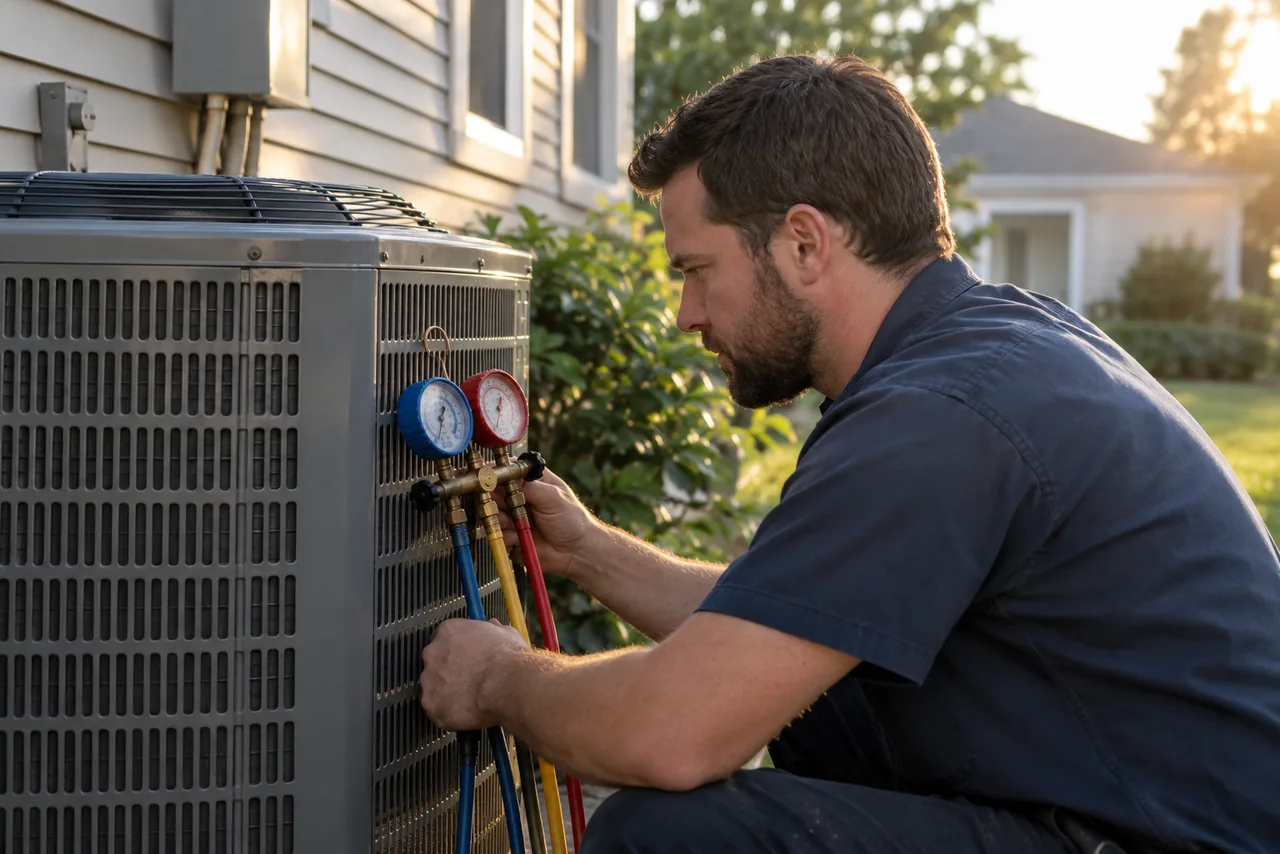 An HVAC technician reading refrigerant gauges at a home's outdoor AC unit