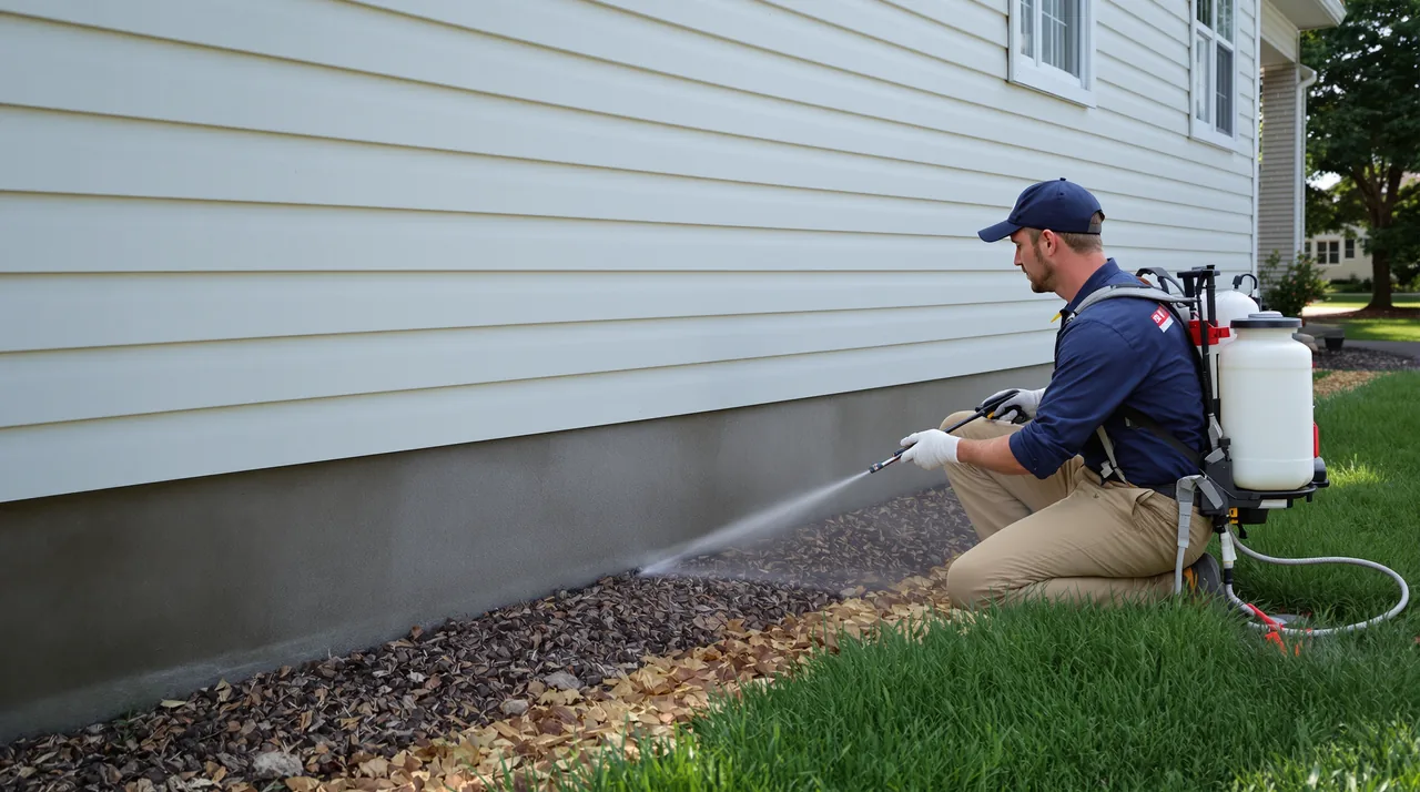 A pest control technician spraying the foundation of a house beside the lawn